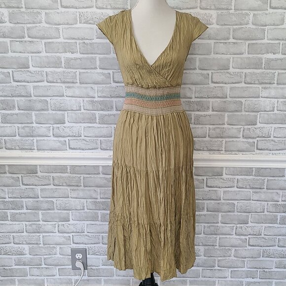 To the Max Green Silk Crinkle Dress Boho V-neck Midi Cottage Hippie Womens 6 - Picture 10 of 10